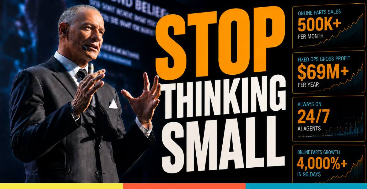 Brian Benstock at ASOTU CON 2026 alongside text that reads "Stop Thinking Small."