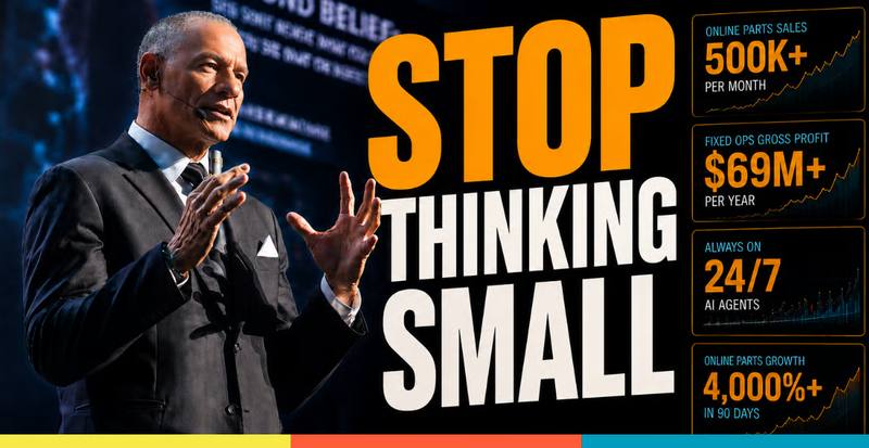 Brian Benstock at ASOTU CON 2026 alongside text that reads "Stop Thinking Small."